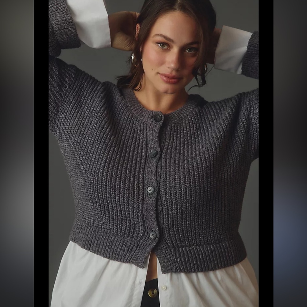 BNWT Anthropologie Cropped Twofer Gray Button-Up Women's Sweater